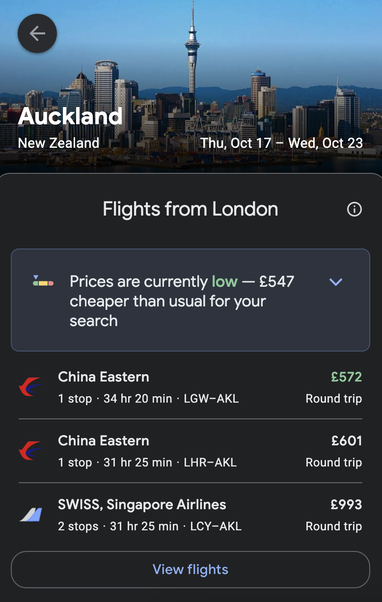 cheap flight from London to new zeland